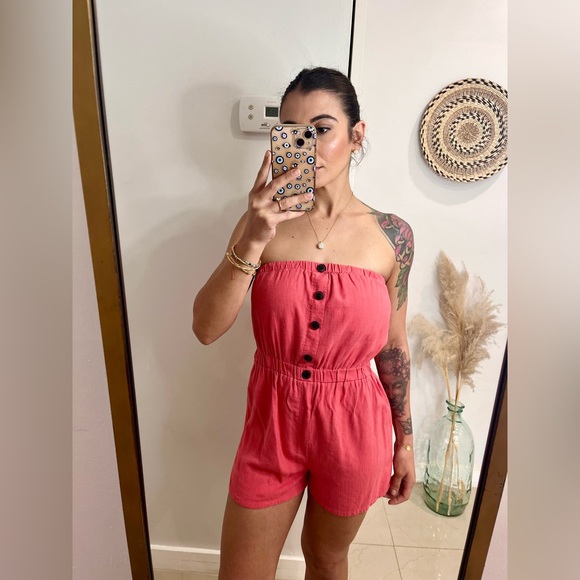Toxik Pants - TOXIK | Women's Coral Pink Linen Strapless Romper NWOT MEDIUM
